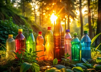 Surreal Photography of Plastic Bottles Glimmering in Natural Sunlight, Reflecting Nature's Beauty and Environmental Impact, Capturing the Essence of Sustainability and Awareness