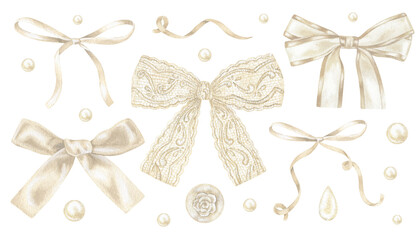 Elegant watercolor set of beige satin bows and ribbons in vintage pastel tones. Perfect for wedding invitations, greeting cards, and decorative stationery. Hand drawn detailed with soft textures