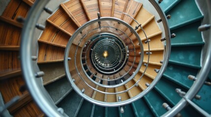 Obraz premium A metallic spiral staircase twisting upwards, with each step changing in material from wood to glass.