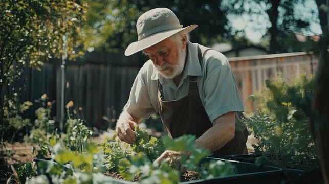 Elderly blind man gardening by touch, feeling plant leaves, sunny backyard setting, raised garden beds visible, medium shot
