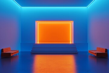 A room with an orange neon light on the wall, featuring staircase steps and modern furniture. The interior is illuminated by blue lighting.