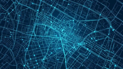 Obraz premium futuristic urban planning design, bright cyan infrastructure map, geometric street network, modern minimal aesthetic, glowing pathway pattern, technical blueprint style, seamless vector layout