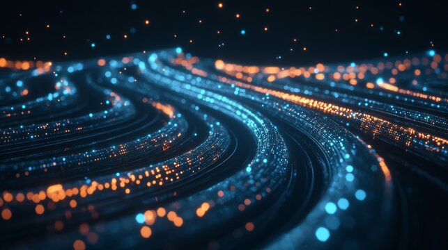 winding path of luminous blue data, floating alphanumeric characters, abstract technology landscape, deep navy backdrop, sci-fi aesthetic, digital information flow, computer network representation