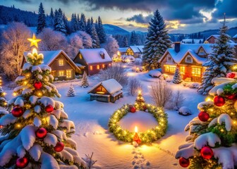 Obraz premium Aerial Countdown to Christmas Celebration with Festive Decorations and Snowy Landscape