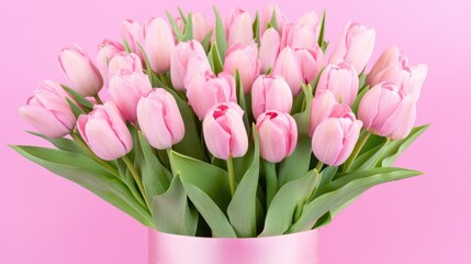 Obraz premium Pink tulips tied with a ribbon on a pastel pink background, ideal for Mother's Day messages, celebrations, and appreciation gifts.
