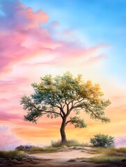 Obraz premium Majestic tree under colorful sky at sunset