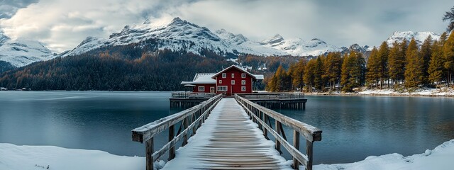 A red boathouse with a wooden walkway leading to the water, surrounded by snow-covered mountains and pine trees, overlooking an emerald lake in autumn