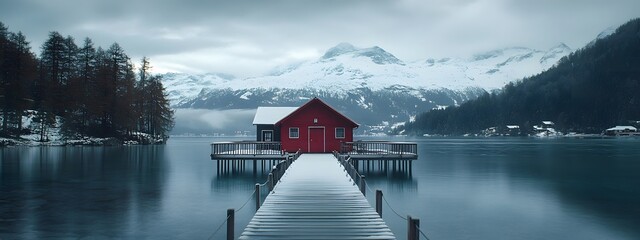 A red boathouse with a wooden walkway leading to the water, surrounded by snow-covered mountains and pine trees, overlooking an emerald lake in autumn