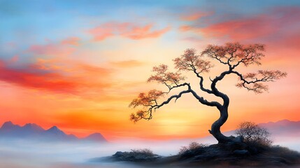 Serene sunset over a solitary tree