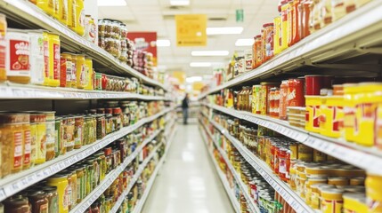 Bright supermarket aisle with neatly arranged colorful juice bottles on shelves, offering a vibrant and fresh retail shopping atmosphere.