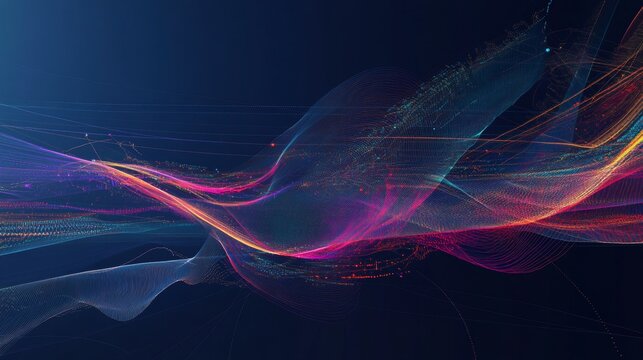 abstract airline routes visualization, multicolored plane silhouettes, curved parallel lines, dark blue backdrop, modern infographic aesthetic, simplified travel representation