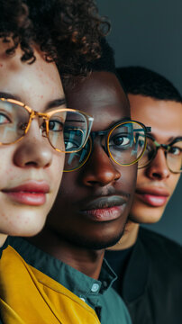 Modern stylish portrait diversity youth eyewear fashion trend individuality urban editorial closeup cool aesthetic minimal expression bold concept ad campaign banner dark background backdrop
