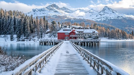 A red boathouse with a wooden walkway leading to the water, surrounded by snow-covered mountains and pine trees, overlooking an emerald lake in autumn