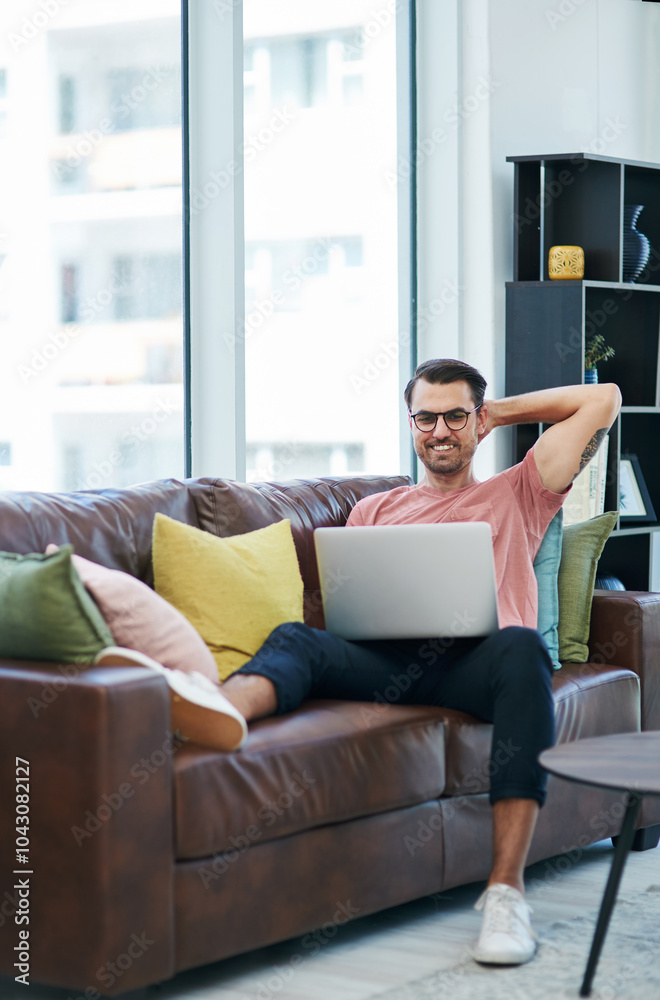Poster Couch, laptop and remote work with man thinking, smile and creative web design for company homepage. Freelancer, working and technology with content creation and ux update with email and online job