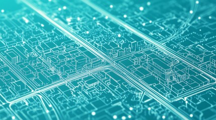 simplified city infrastructure diagram, stark white roads on turquoise backdrop, dotted line street markings, subtle architectural shapes, modern cartography representation