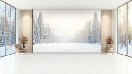 Modern interior with snow scene mural and minimalist furniture, bright and airy space.