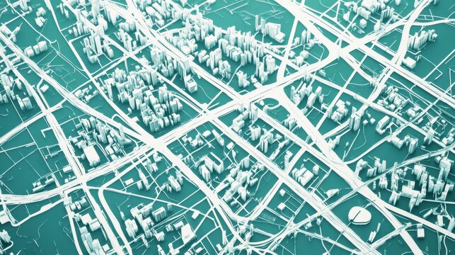 sleek metropolitan network visualization, bold white thoroughfares on seafoam green canvas, angular road system, understated cityscape elements, contemporary map design