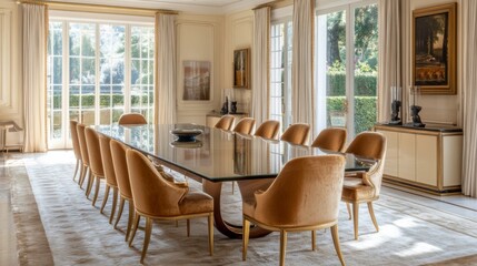Fototapeta premium Elegant Dining Room with Glass Table and Tan Velvet Chairs