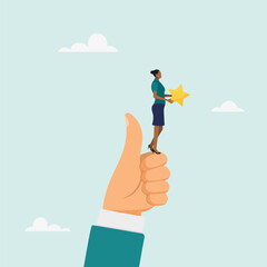 Mission accomplished. The character is holding a winner standing on his thumb. Vector illustration.	