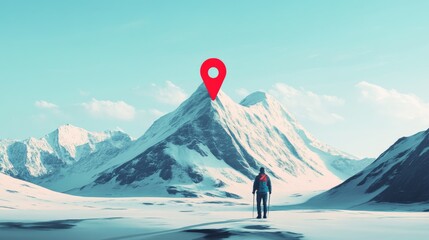 minimalist winter landscape illustration, geometric snow-capped mountain, tiny hiker silhouette, oversized red location pin, pastel sky, retro-inspired digital art