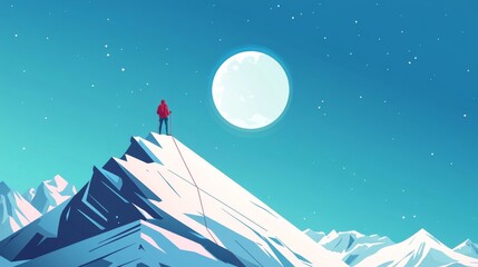 Naklejka premium stylized alpine scene, angular mountain slopes, lone climber figure, bold geolocation marker, full moon motif, flat color design, vintage travel poster aesthetic