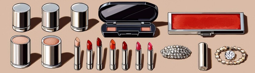 Obraz premium Elegant Watercolor Makeup Flat Lay