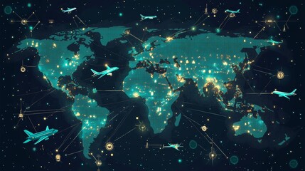 Obraz premium world map stylized in shades of teal, simplified continent shapes, multiple airplane icons, dotted flight paths, location pin markers, flat design illustration, clean vector graphic, global travel