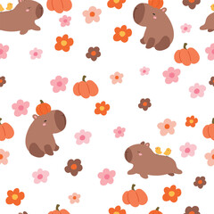 Cute capybara with flowers and pumpkins. Cartoon print on white background, seamless pattern illustration for kids