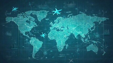 Obraz premium contemporary world travel map, vibrant teal color scheme, abstracted landmasses, airplane icons in various orientations, pin drop location indicators, dotted route lines, clean graphic design, global