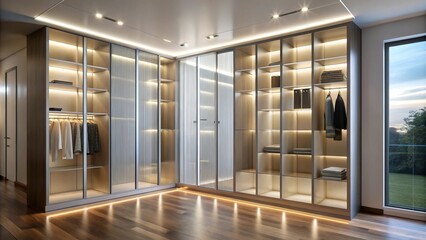 glass wardrobe with backlight in modern apartment