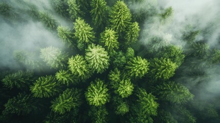 Aerial view of lush green coniferous trees surrounded by mist.