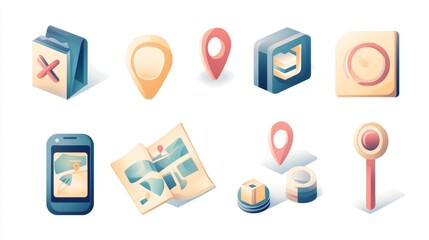 digital cartography icons, soft color palette, stylized map representations, search and pin drop concepts, paper map with x mark, smartphone navigation, professional vector graphics for ui design