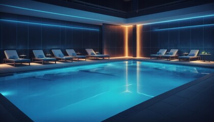 Obraz premium Sleek indoor pool with stylish lighting and relaxing ambiance for nighttime enjoyment