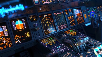 Airplane cockpit with illuminated control panel and flight instruments. Navigation systems, aviation technology, aircraft controls, cockpit interface, piloting, flight operations, and instrument panel