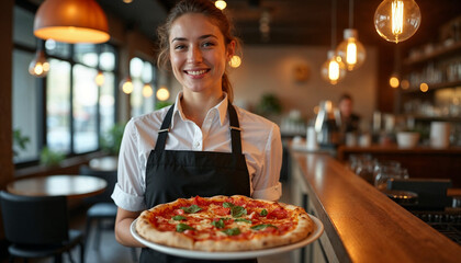Young female waiter with pizza in restaurant, pizza holding woman, pizza, fast food concept, 