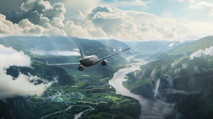 Fototapeta premium Airplane flying over scenic landscape with mountains and river. Aerial view, travel, clouds, nature, aviation, and flight route through mountainous region.