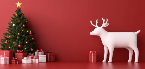 Christmas tree with decorations and a white reindeer against a red wall background.