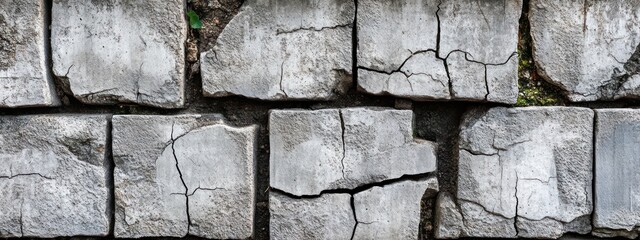 A textured stone wall with visible cracks, showcasing weathering and age.
