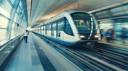 Fototapeta premium Train moving at high speed through airport station. Public transportation, metro, travel, commuting, city transit, and passenger service.