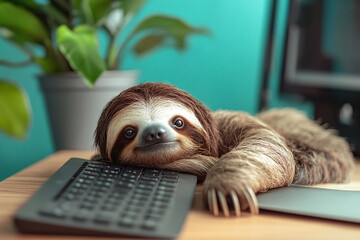Lazy Worker, Relaxed and Procrastinating at Office Job: Cute Adorable Sloth Sleeping