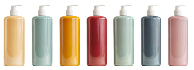 Set of colorful plastic pump bottles in various pastel shades, isolated on transparent background, empty containers for liquid soap, shampoo, lotion, skincare, and beauty products