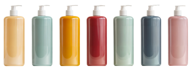 Set of colorful plastic pump bottles in various pastel shades, isolated on transparent background, empty containers for liquid soap, shampoo, lotion, skincare, and beauty products