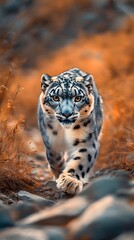 Fototapeta premium A snow leopard is walking on the rocky terrain of an Asian landscape, its spotted coat blending with the autumn colors in the background