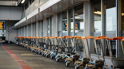 Row of empty luggage carts lined up outside airport terminal. Travel convenience, airport services, luggage handling, and passenger support.