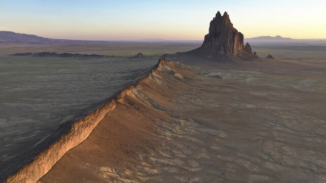 Aerial drone view of Shiprock at sunset, New Mexico, USA
