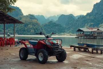 ATVs Parked Lakeside. Holiday Maker Enjoying Fast Off-Road Transport in Siam