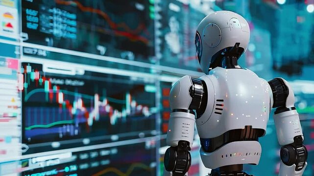 Back view of a humanoid robot standing looking analyzing the trading graph, symbolizing the graph growth up and artificial intelligence for stock market analysis	