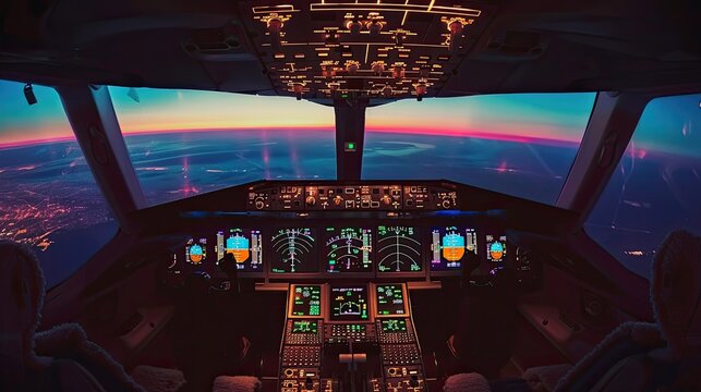 Illuminated airplane cockpit at night, showing detailed controls and instruments. Aviation technology, flight controls, night flight, and cockpit systems.