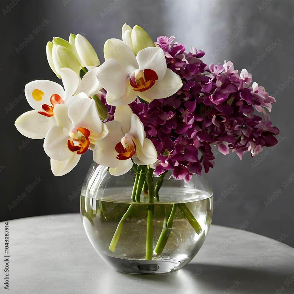 Wall mural generate a lifelike image of a lush floral arrangement in a clear glass bowl-shaped vase. the arrang