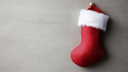 Red Christmas stocking with white trim on a textured gray background.